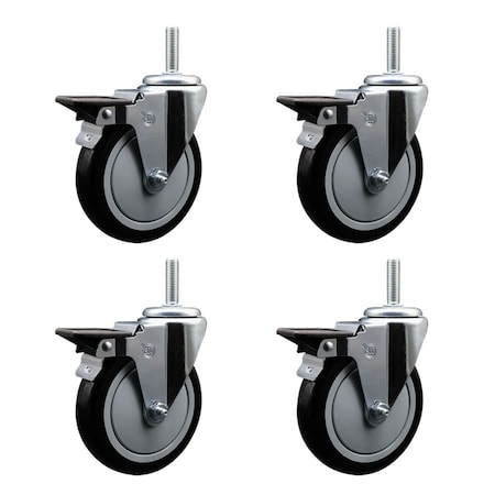 Service Caster 5 Inch Black Polyurethane Wheel Swivel 58 Inch Threaded Stem Caster Set with Brake SCC SCC-TS20S514-PPUB-BLK-PLB-58212-4